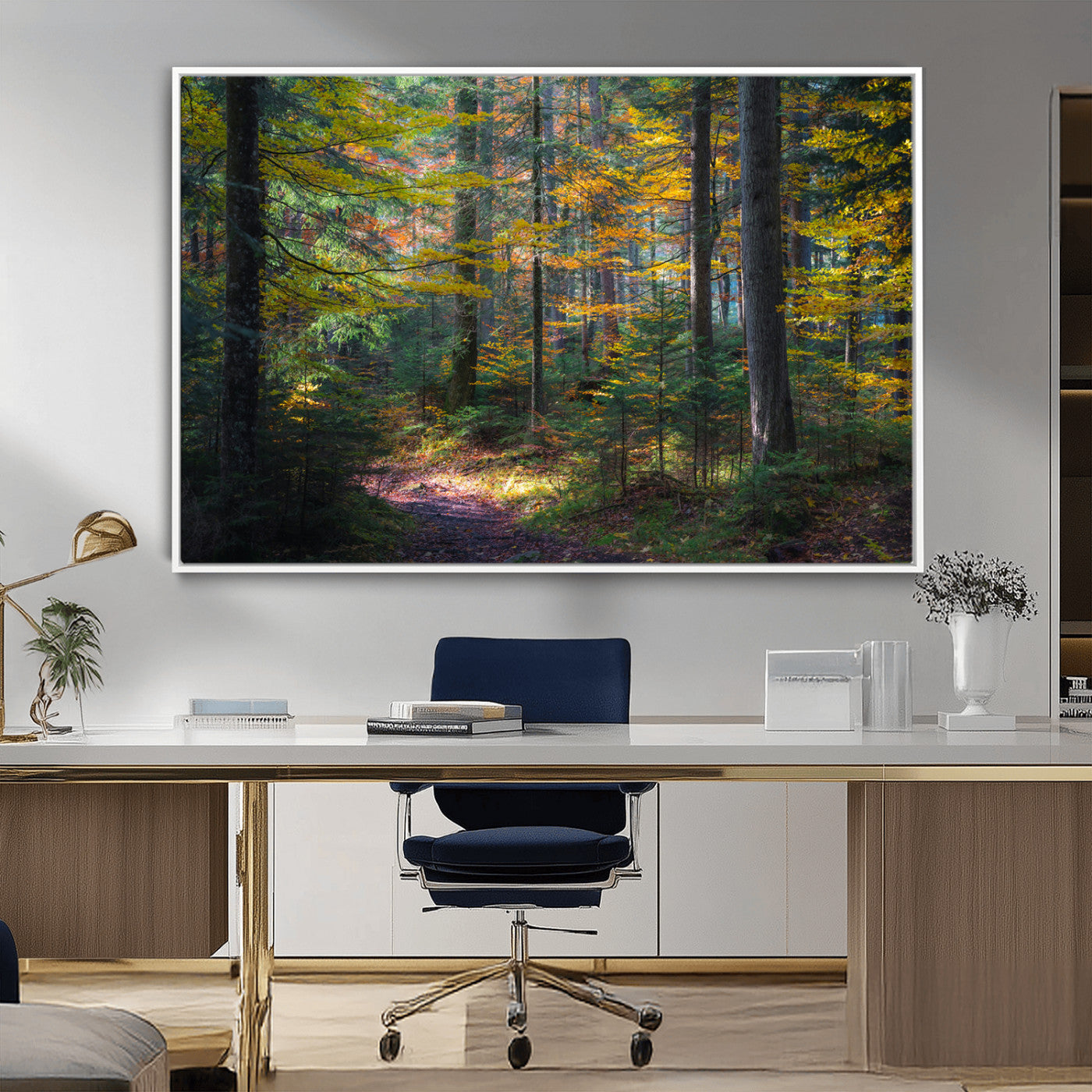 65810864-MGV-CV-36X24-Autumn Forest Wall Art Canvas Print, Framed Fall Woodland Art Picture Print, Golden Leaves Perfect Rustic Farmhouse Decor Artwork