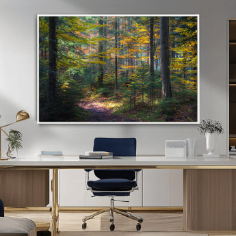 65810864-MGV-CV-36X24-Autumn Forest Wall Art Canvas Print, Framed Fall Woodland Art Picture Print, Golden Leaves Perfect Rustic Farmhouse Decor Artwork