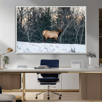 36533178-MGV-CV-36X24-Wild Elk Photography Wall Art Canvas Print, Framed Winter Wildlife Art Picture Print, Snowy Forest Perfect Rustic Lodge Decor