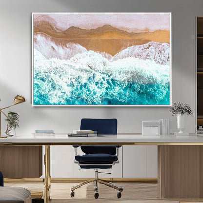 26870666-MGV-CV-36X24-Aerial Beach Wall Art Canvas Print, Framed Ocean Waves Art Picture Print, Coastal Landscape Perfect Coastal Minimalist Decor