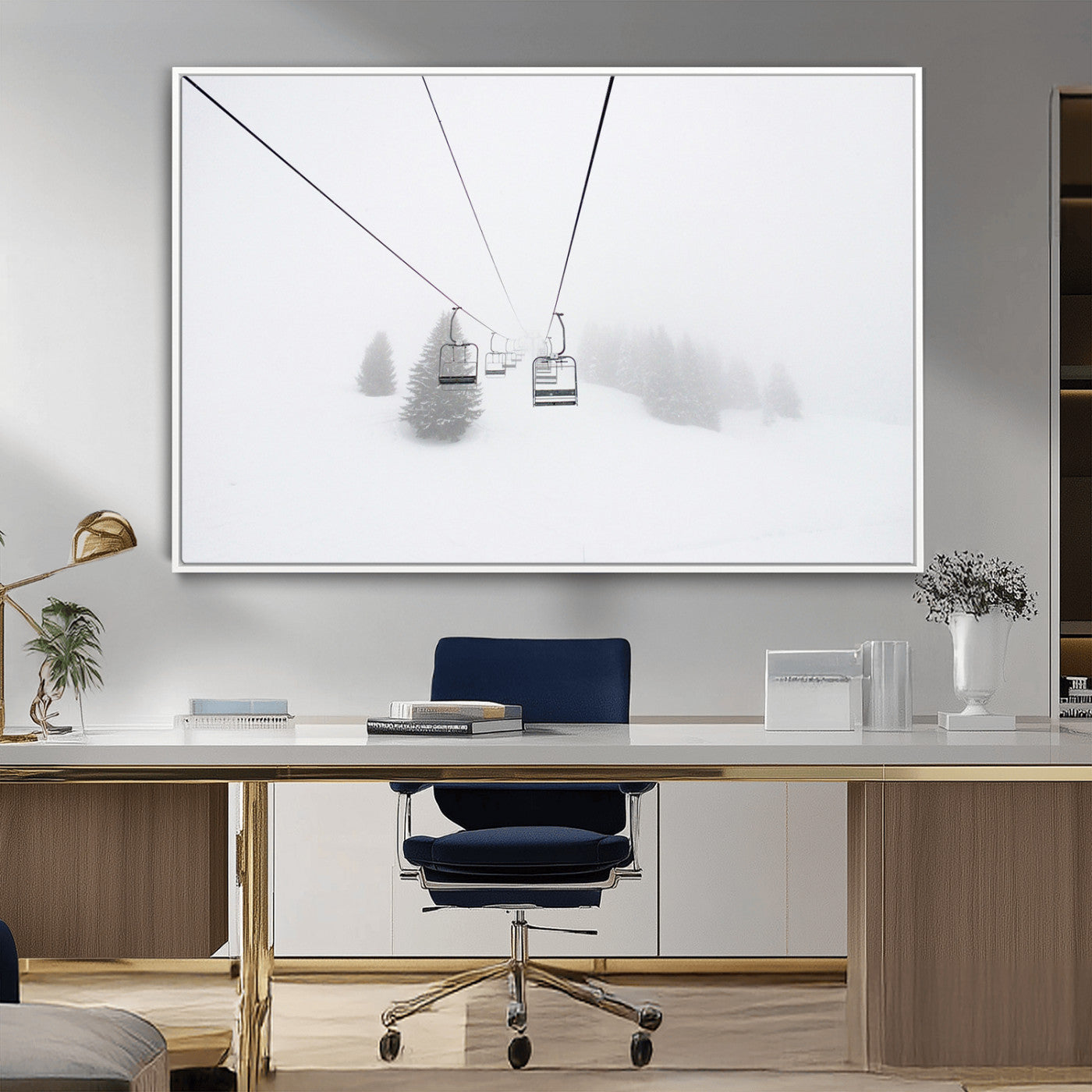 20216390-MGV-CV-36X24-Ski Lift Wall Art Canvas Print, Framed Snowy Landscape Art Picture Print, Alpine Adventure Perfect Nordic Minimalist Decor Artwork