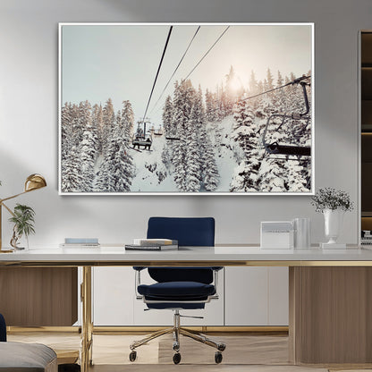 91534512-MGV-CV-36X24-Frosty Pines Wall Art Canvas Print, Framed Cozy Cabin View Art Picture Print, Ski Lift Ride Perfect Rustic Lodge Decor Artwork