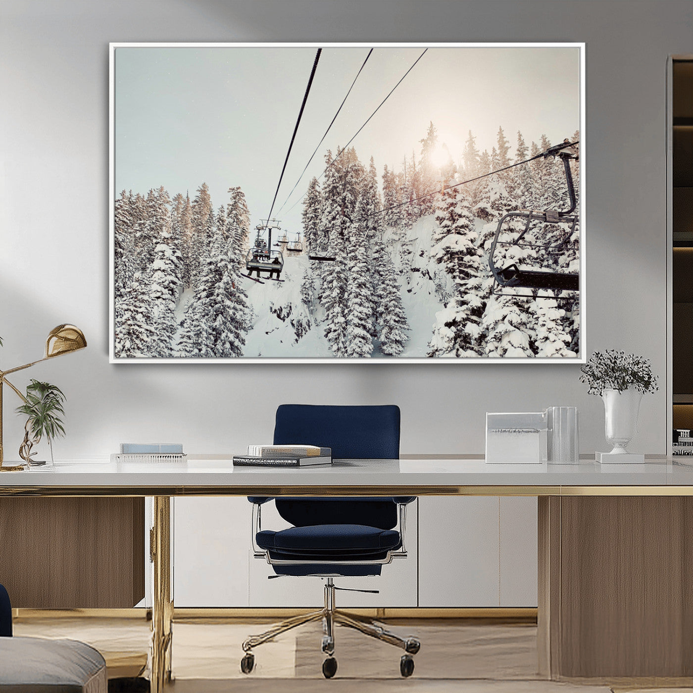 91534512-MGV-CV-36X24-Frosty Pines Wall Art Canvas Print, Framed Cozy Cabin View Art Picture Print, Ski Lift Ride Perfect Rustic Lodge Decor Artwork