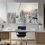91534512-MGV-CV-36X24-Frosty Pines Wall Art Canvas Print, Framed Cozy Cabin View Art Picture Print, Ski Lift Ride Perfect Rustic Lodge Decor Artwork