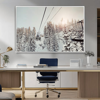 91534512-MGV-CV-36X24-Frosty Pines Wall Art Canvas Print, Framed Cozy Cabin View Art Picture Print, Ski Lift Ride Perfect Rustic Lodge Decor Artwork