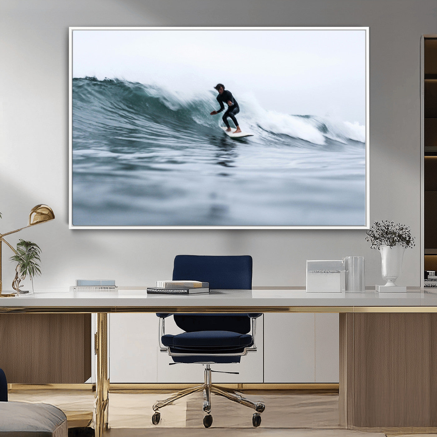 11693607-MGV-CV-36X24-Surfer on Wave Wall Art Canvas Print, Framed Ocean Adventure Art Picture Print, Motion Blur Water Perfect Coastal Adventure Decor