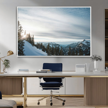 55564749-MGV-CV-36X24-Snowy Mountains Wall Art Canvas Print, Framed Alpine Landscape Art Picture Print, Frosty Peaks Perfect Nordic Minimalist Decor