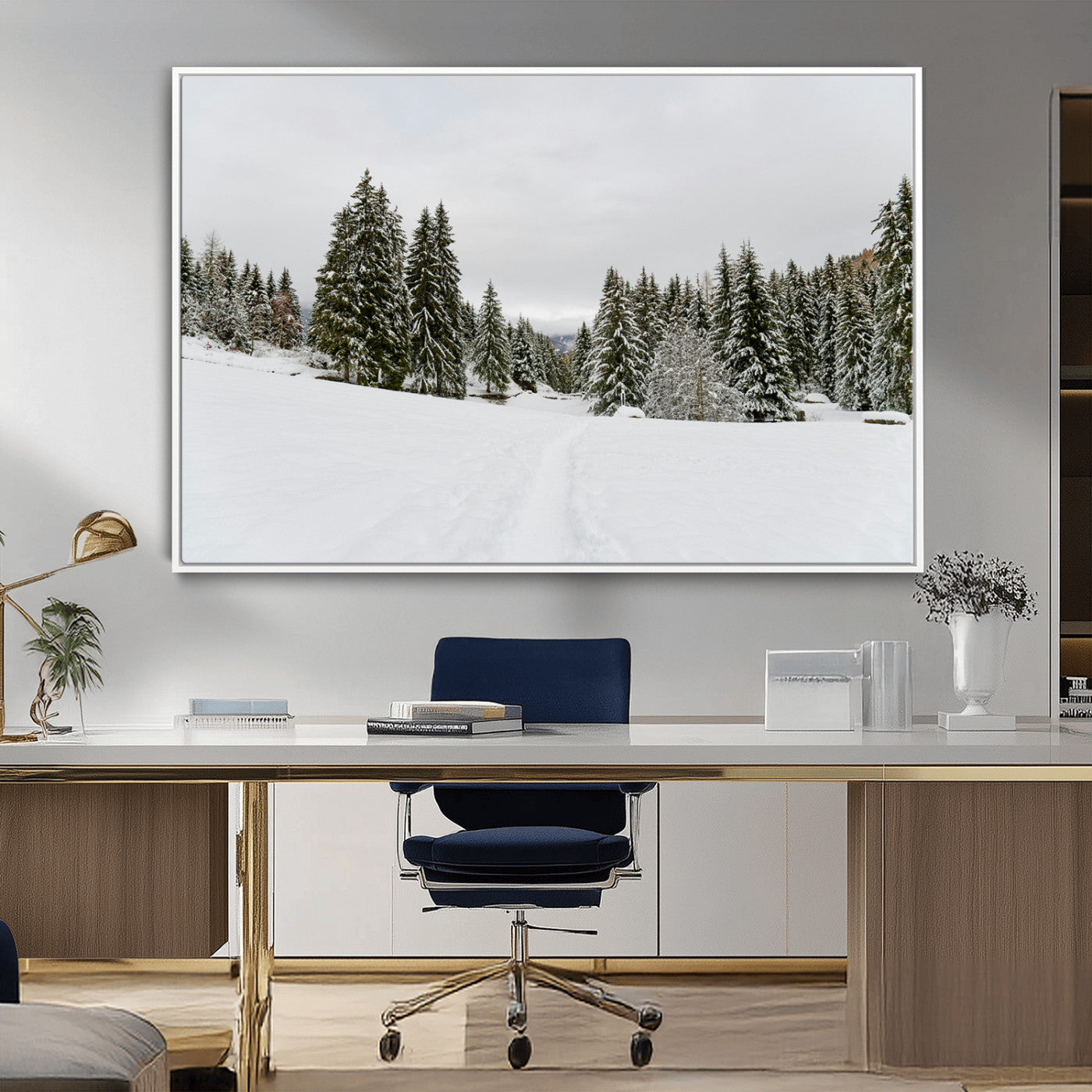 24581417-MGV-CV-36X24-Frosty Pines Wall Art Canvas Print, Framed Silent Snowfall Art Picture Print, Cozy Cabin Vibes Perfect Nordic Minimalist Decor