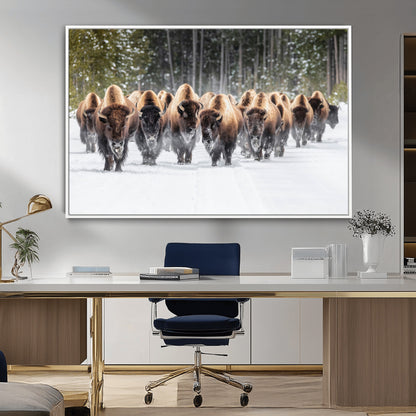 96906195-MGV-CV-36X24-Bison Herd Wall Art – American Buffalo Wildlife Photography Canvas Print, Winter Snow Scene Western Nature Decor for Living Room,