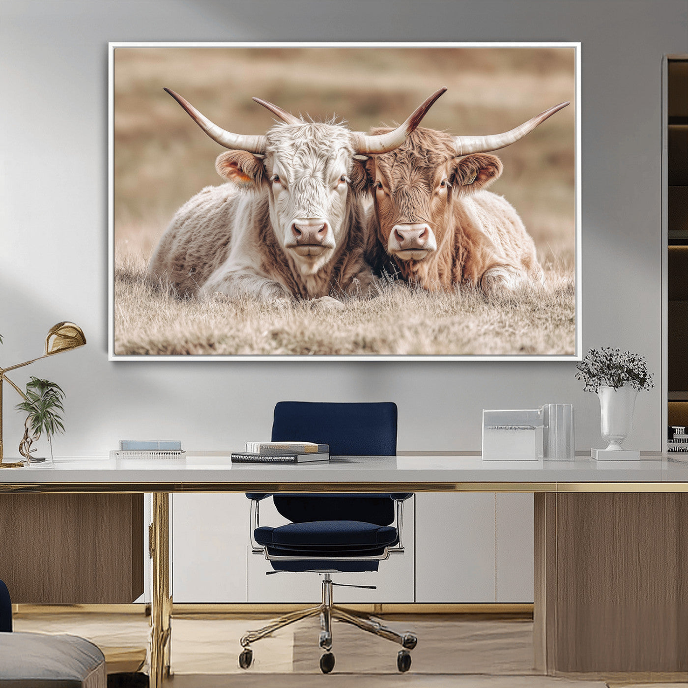 38651722-MGV-CV-36X24-Cow Wall Art – Rustic Longhorn Pair Canvas Print, Western Farmhouse Animal Painting, Country Ranch Decor for Living Room, Bedroom,