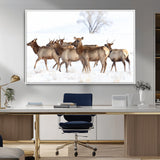 41416314-MGV-CV-36X24-Elk Wall Art – Wildlife Herd Canvas Print in Snowy Landscape, Rustic Nature Painting, Western Cabin Lodge Decor for Living Room,