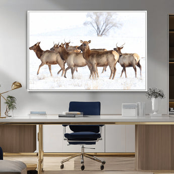 41416314-MGV-CV-36X24-Elk Wall Art – Wildlife Herd Canvas Print in Snowy Landscape, Rustic Nature Painting, Western Cabin Lodge Decor for Living Room,