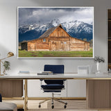 15173627-MGV-CV-36X24-Barn Wall Art – Rustic Wooden Cabin Canvas Print with Snowy Mountain Landscape, Western Farmhouse Country Decor for Living Room,