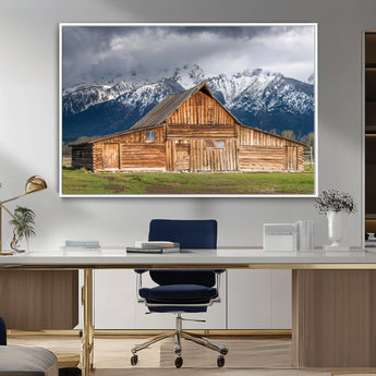 15173627-MGV-CV-36X24-Barn Wall Art – Rustic Wooden Cabin Canvas Print with Snowy Mountain Landscape, Western Farmhouse Country Decor for Living Room,