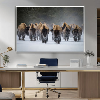 30332489-MGV-CV-36X24-Winter Bison Herd Wall Art – Powerful Buffalo Canvas Print, Rustic Wildlife Photography Decor for Farmhouse, Cabin, Lodge, Living
