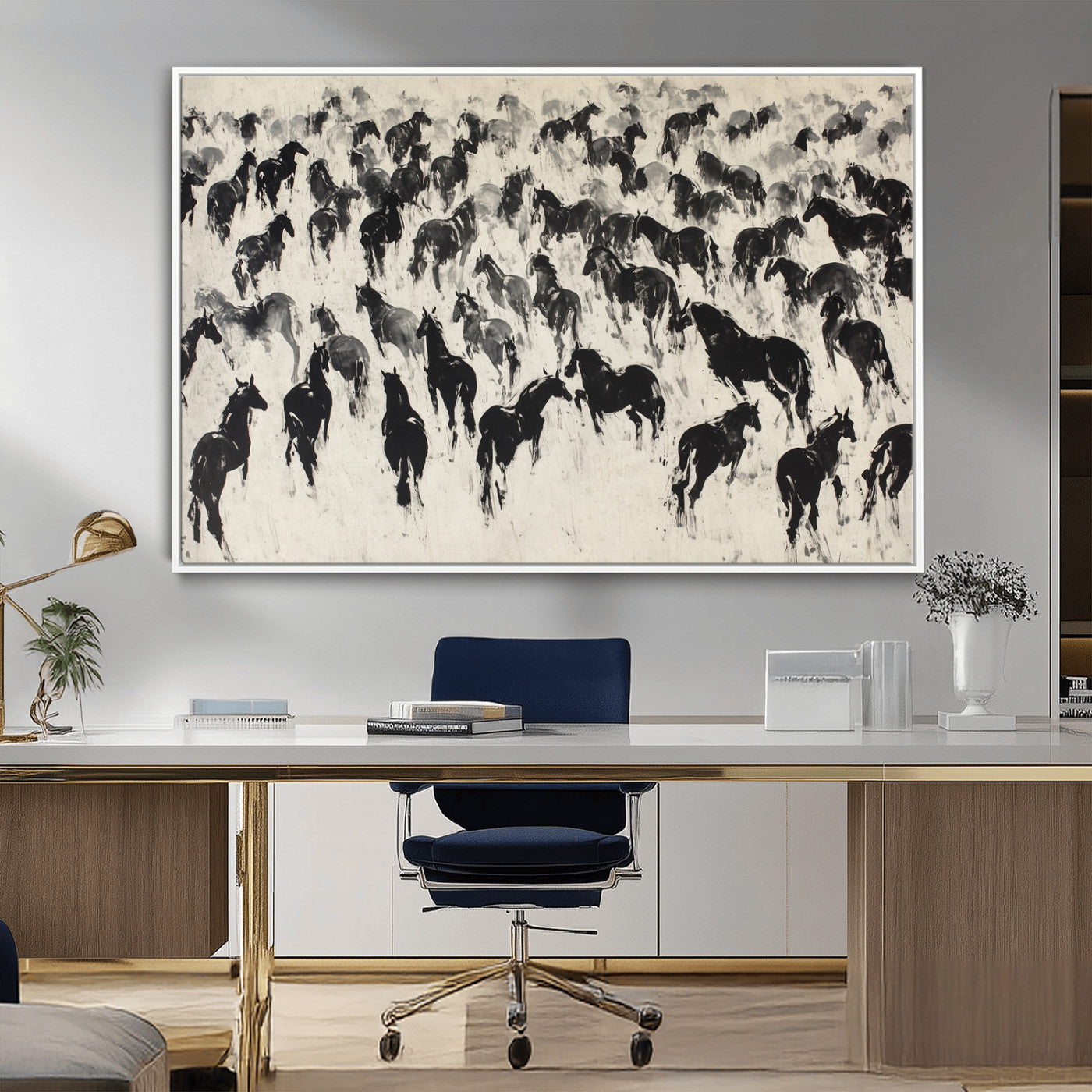 29265745-MGV-CV-36X24-Wild Horse Herd Wall Art – Black and White Galloping Horses Canvas Print, Rustic Western Farmhouse Décor for Living Room, Bedroom,