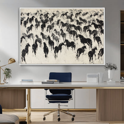 29265745-MGV-CV-36X24-Wild Horse Herd Wall Art – Black and White Galloping Horses Canvas Print, Rustic Western Farmhouse Décor for Living Room, Bedroom,