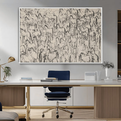 12358908-MGV-CV-36X24-Horse Herd Sketch Wall Art – Abstract Wild Horses Line Drawing Canvas Print, Rustic Western Style Equestrian Decor for Living