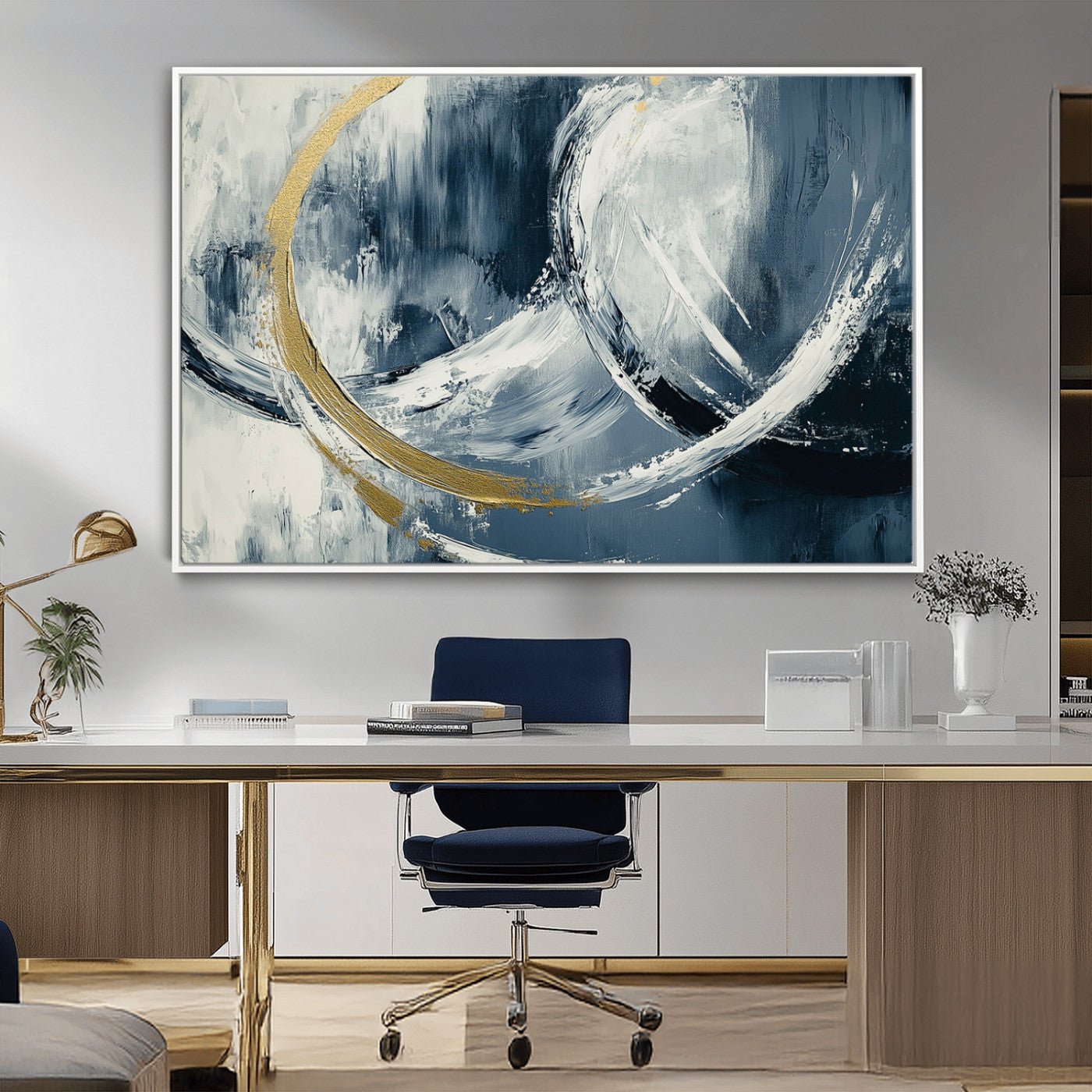97295757-MGV-CV-36X24-Abstract Blue and Gold Wall Art – Modern Luxury Canvas Print, Navy White Brushstroke Painting, Contemporary Living Room Office