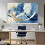 42475677-MGV-CV-36X24-Blue and Gold Abstract Wall Art – Modern Luxury Canvas Print, Navy White Brushstroke Painting, Contemporary Home Office Living