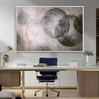 20066876-MGV-CV-36X24-Neutral Abstract Circle Wall Art – Modern Gray Beige Gold Canvas Print, Minimalist Geometric Painting for Bedroom, Living Room,