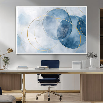 47060443-MGV-CV-36X24-Blue Abstract Circle Wall Art – Modern Gold and Navy Canvas Print, Minimalist Geometric Painting for Living Room, Bedroom, Office