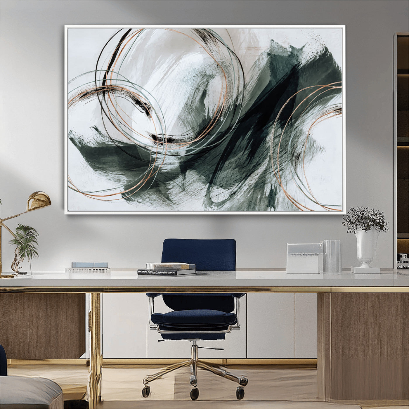 86583265-SEG-FC-90X60_Oversize_Oversize-Black and Gray Abstract Wall Art – Modern Copper Circle Canvas Print, Contemporary Minimalist Painting for Living Room, Bedroom,