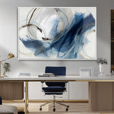 49589477-MGV-CV-36X24-Blue Abstract Wall Art – Modern Circle Canvas Print with Gold and Black Accents, Contemporary Fluid Brushstroke Painting for