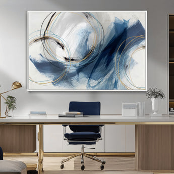 49589477-MGV-CV-36X24-Blue Abstract Wall Art – Modern Circle Canvas Print with Gold and Black Accents, Contemporary Fluid Brushstroke Painting for
