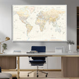 40660043-MGV-CV-36X24-World Map Wall Art – Large Detailed Atlas Style Map Print with Countries, Cities, and Oceans, Neutral Beige and Tan Educational