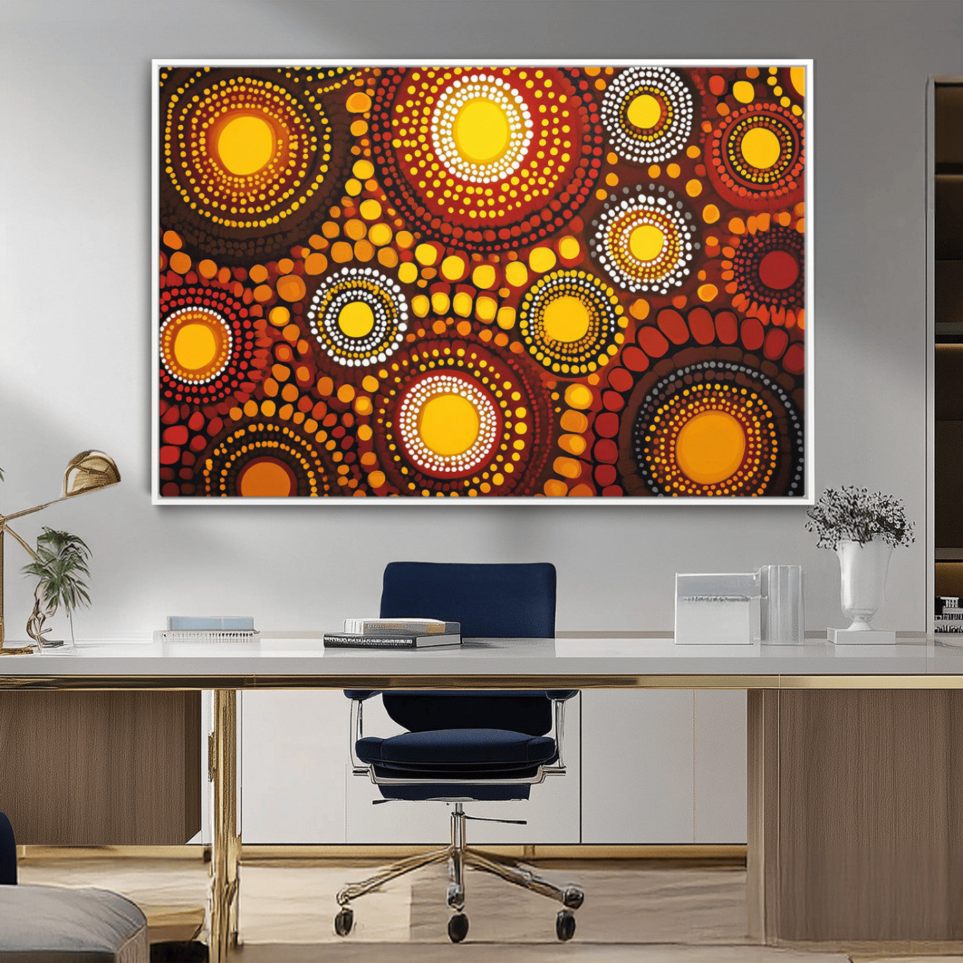 81120549-MGV-CV-36X24-Abstract Dot Painting Wall Art – Vibrant Tribal Boho Style Canvas Print with Sunburst Mandala Circles in Warm Red, Yellow, Orange