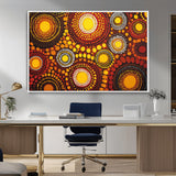 81120549-MGV-CV-36X24-Abstract Dot Painting Wall Art – Vibrant Tribal Boho Style Canvas Print with Sunburst Mandala Circles in Warm Red, Yellow, Orange