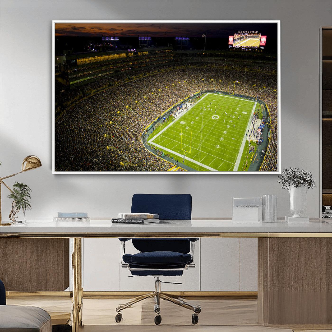 23655234-MGV-CV-36X24-Lambeau Field Stadium Wall Art – American Football Night Game Canvas Print with Packed Crowd and Lights – Sports Decor for Man