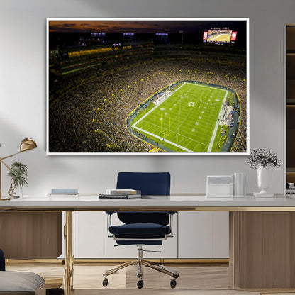 23655234-MGV-CV-36X24-Lambeau Field Stadium Wall Art – American Football Night Game Canvas Print with Packed Crowd and Lights – Sports Decor for Man