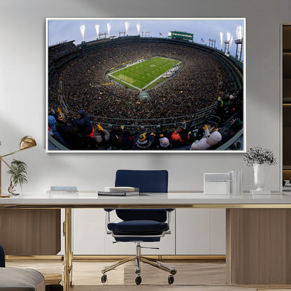 14387817-MGV-CV-36X24-Lambeau Field Stadium Wall Art – Green Bay Packers Game Day Canvas Print with Fireworks and Crowd – NFL Football Fan Man Cave