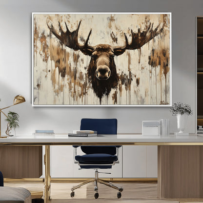 34496536-MGV-CV-36X24-Rustic Moose Wall Art – Modern Abstract Animal Canvas Print – Majestic Moose Head Painting with Neutral Earth Tones for Cabin,