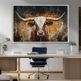 25265572-MGV-CV-36X24-Longhorn Bull Wall Art – Rustic Western Texas Steer Canvas Print, Textured Animal Painting for Home, Office, Man Cave or Farmhouse