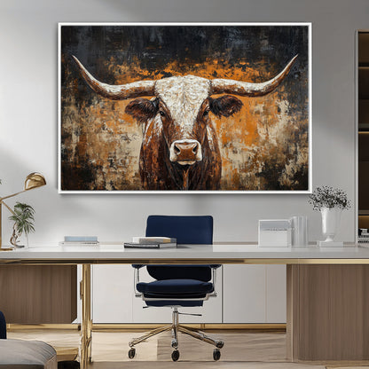 25265572-MGV-CV-36X24-Longhorn Bull Wall Art – Rustic Western Texas Steer Canvas Print, Textured Animal Painting for Home, Office, Man Cave or Farmhouse
