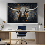 93195031-MGV-CV-36X24-Dark Longhorn Bull Wall Art – Western Steer Canvas Print, Moody Rustic Animal Painting for Man Cave, Ranch House, Office or Modern