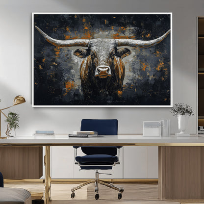 93195031-MGV-CV-36X24-Dark Longhorn Bull Wall Art – Western Steer Canvas Print, Moody Rustic Animal Painting for Man Cave, Ranch House, Office or Modern