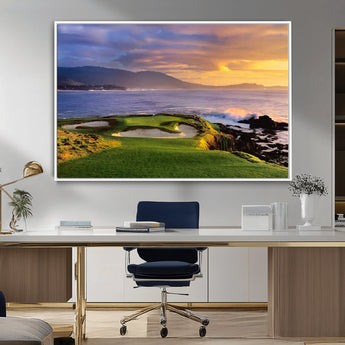 39644075-MGV-CV-36X24-Golf Course Wall Art – Coastal Sunset Canvas Print, Scenic Oceanfront Fairway Landscape Decor for Office, Man Cave, or Living Room