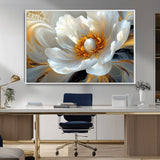 39604126-MGV-CV-36X24-Abstract Flower Wall Art – Elegant White and Gold Bloom Canvas Print, Modern Floral Artwork for Bedroom, Living Room, or Office