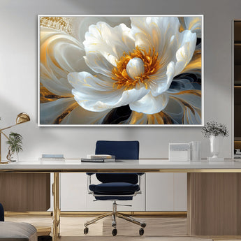 39604126-MGV-CV-36X24-Abstract Flower Wall Art – Elegant White and Gold Bloom Canvas Print, Modern Floral Artwork for Bedroom, Living Room, or Office