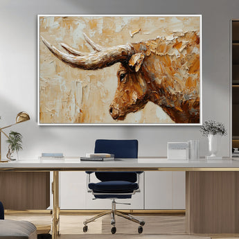 69611428-MGV-CV-36X24-Longhorn Bull Wall Art – Rustic Western Canvas Print, Textured Farmhouse Cattle Painting for Living Room, Office, or Ranch House