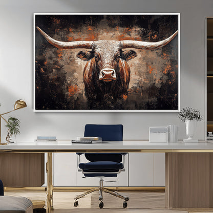 24779067-MGV-FC-36X24_White-Longhorn Bull Wall Art – Western Rustic Canvas Print, Bold Cowboy Cattle Painting for Ranch House, Farmhouse, Office, or Living