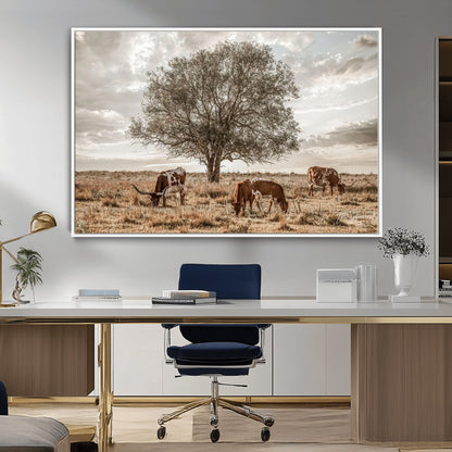87590224-MGV-CV-36X24-Longhorn Cattle Wall Art – Rustic Western Landscape Canvas Print, Texas Farmhouse Prairie Scene for Living Room, Office, or Ranch