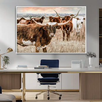 47758300-MGV-CV-36X24-Texas Longhorn Cattle Wall Art – Rustic Western Herd Canvas Print, Cowboy Ranch Farmhouse Decor for Living Room, Office, or