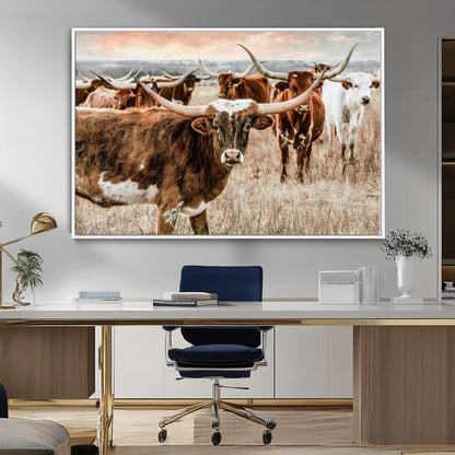 47758300-MGV-CV-36X24-Texas Longhorn Cattle Wall Art – Rustic Western Herd Canvas Print, Cowboy Ranch Farmhouse Decor for Living Room, Office, or