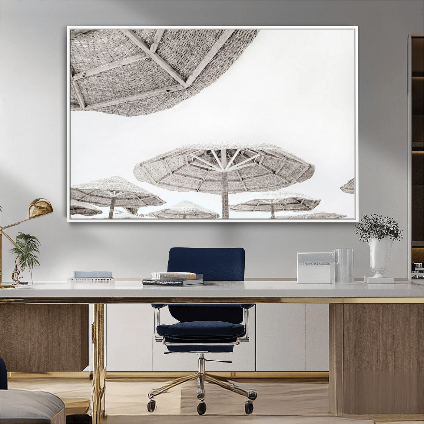 97043123-MGV-CV-36X24-Beach Umbrella Wall Art – Minimalist Coastal Canvas Print, Woven Parasol Summer Decor for Bedroom, Living Room, or Modern Beach