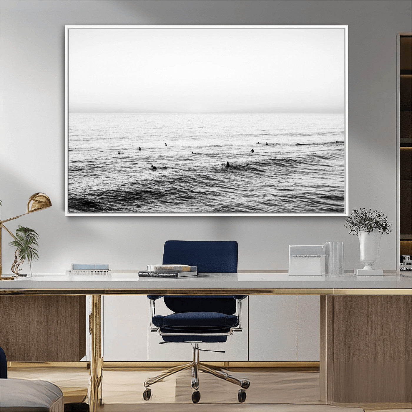 47208268-MGV-CV-36X24-Surfer Ocean Wall Art – Black and White Coastal Canvas Print, Minimalist Surfing Seascape Decor for Living Room, Bedroom, or Beach